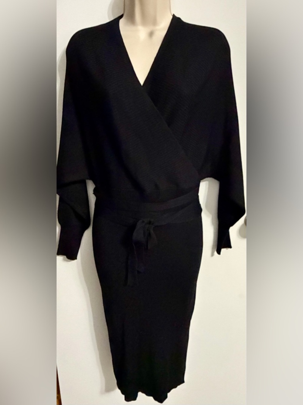 Elegant Black Long-Sleeve Wrap Dress with Tie Waist